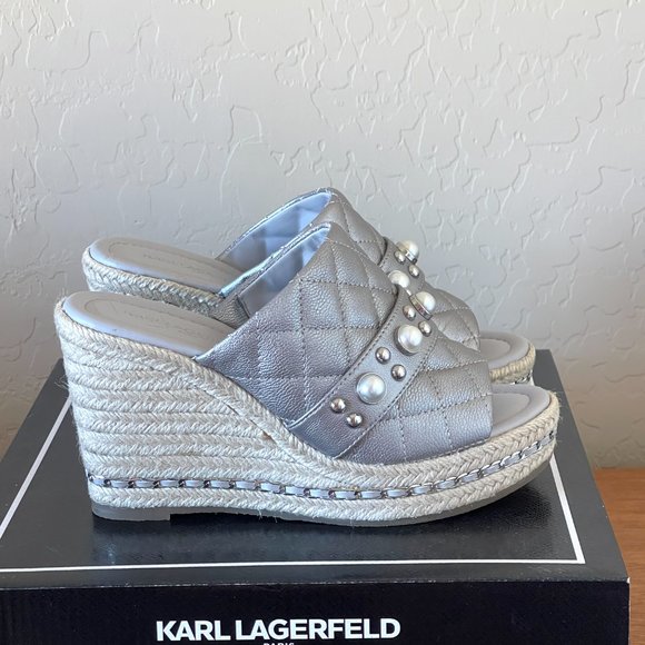 New Karl Lagerfeld Sandals 6.5 Camila Silver Pearl Stud Jute Platform Wedge - Picture 5 of 10